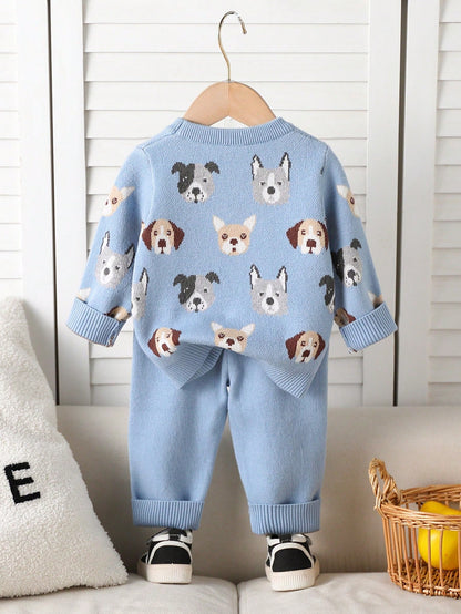 Toddler Boys' Fashionable Blue Jacquard Knit Sweater & Pants Set,Cute Autumn Dog Print Baby Clothes,Newborn Winter Pullover Outfits Matching Family