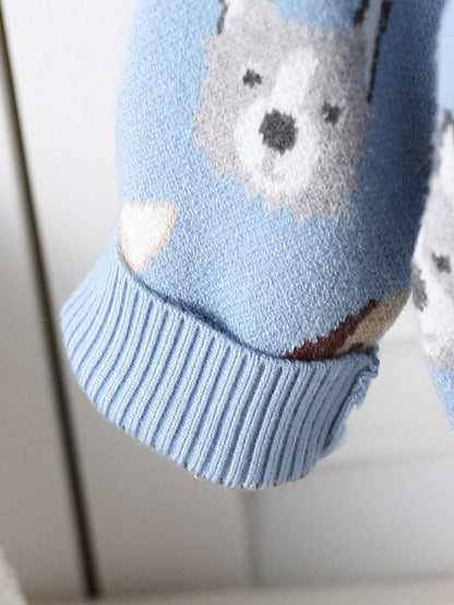 Toddler Boys' Fashionable Blue Jacquard Knit Sweater & Pants Set,Cute Autumn Dog Print Baby Clothes,Newborn Winter Pullover Outfits Matching Family