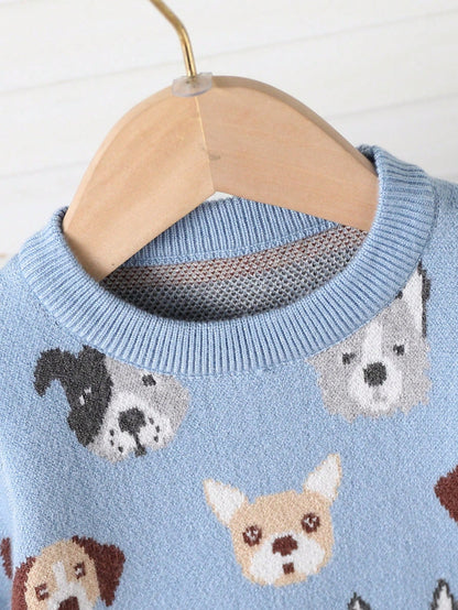 Toddler Boys' Fashionable Blue Jacquard Knit Sweater & Pants Set,Cute Autumn Dog Print Baby Clothes,Newborn Winter Pullover Outfits Matching Family