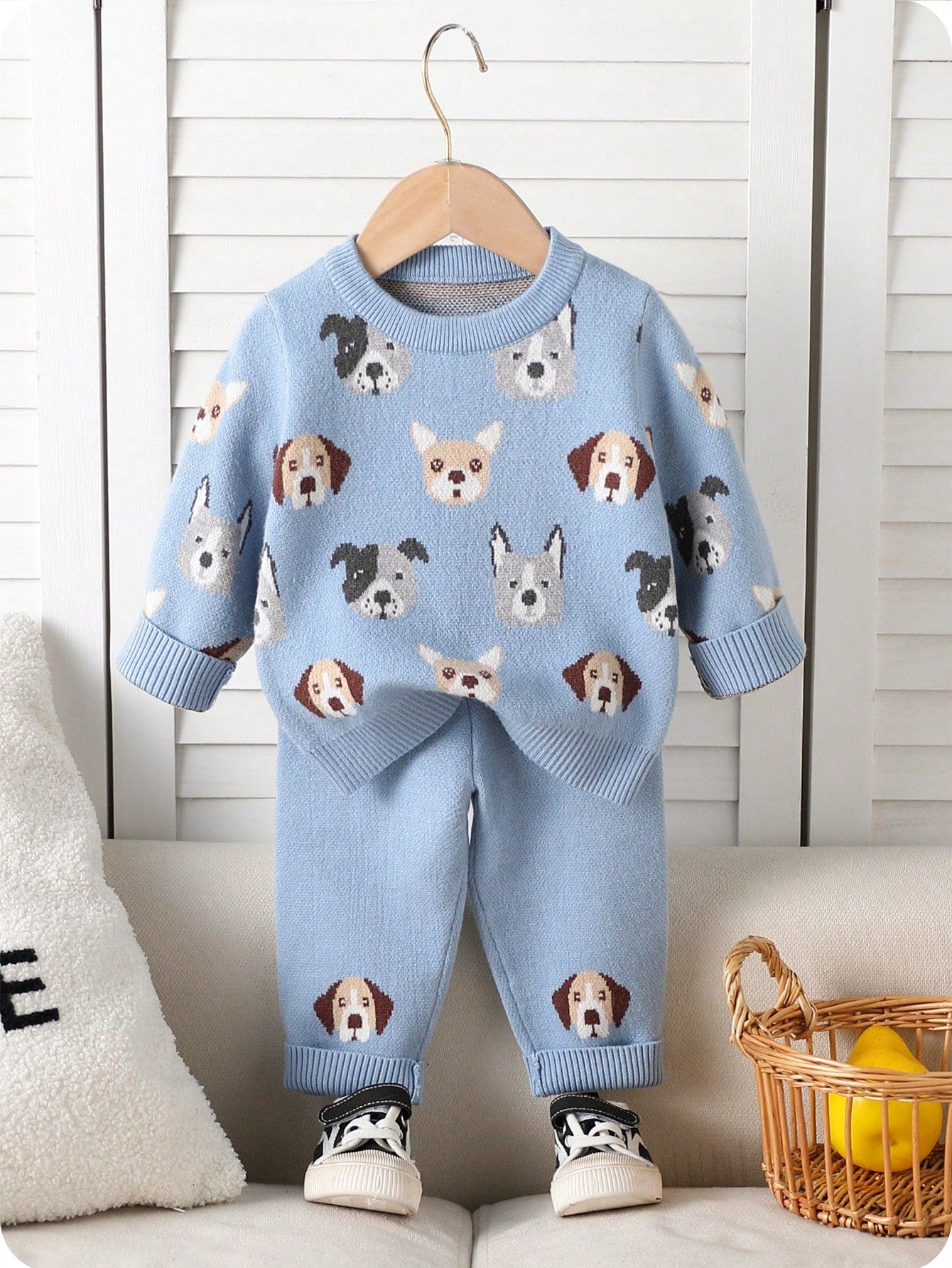 Toddler Boys' Fashionable Blue Jacquard Knit Sweater & Pants Set,Cute Autumn Dog Print Baby Clothes,Newborn Winter Pullover Outfits Matching Family