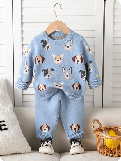 Toddler Boys' Fashionable Blue Jacquard Knit Sweater & Pants Set,Cute Autumn Dog Print Baby Clothes,Newborn Winter Pullover Outfits Matching Family
