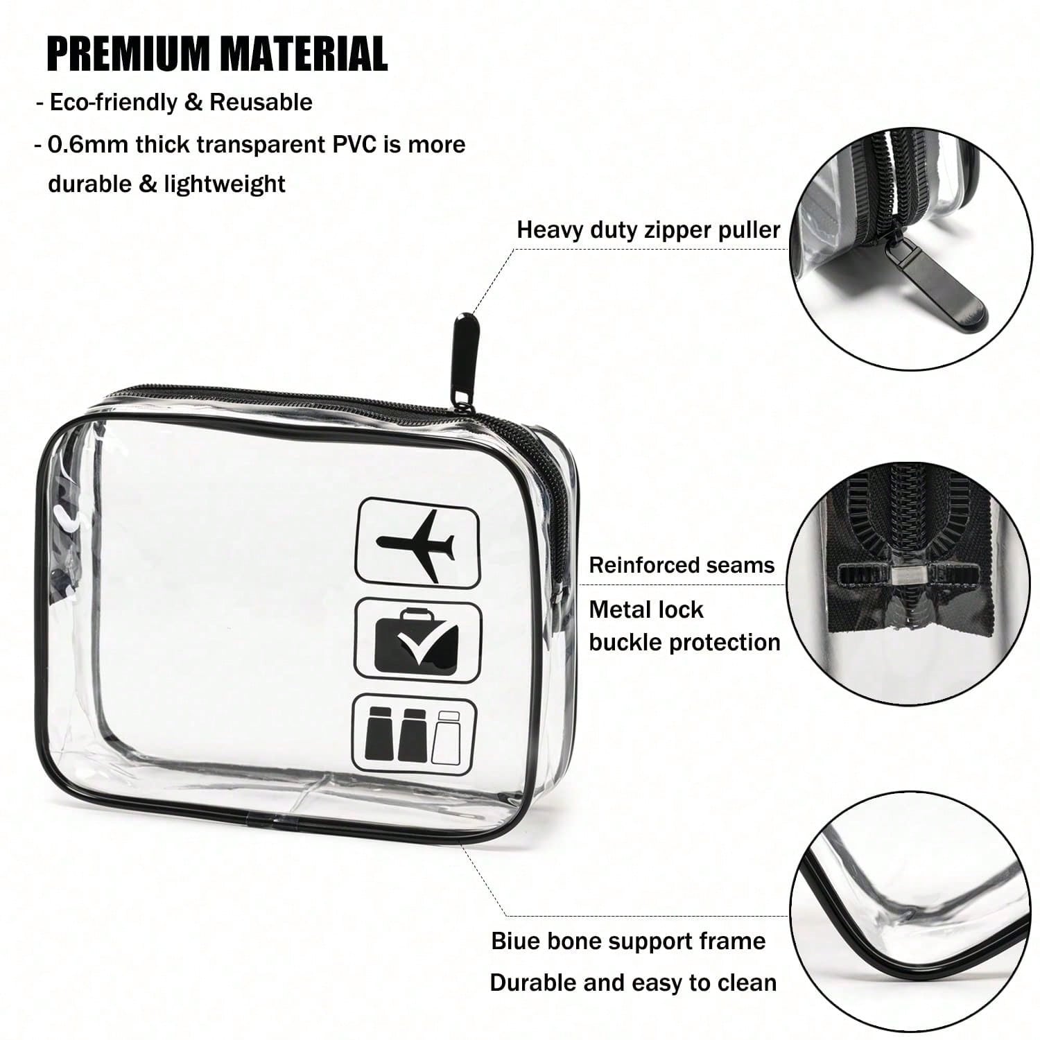 Toiletry Bag, 3 Transparent Toiletry Bags, Quart Size Travel Makeup Bag, Suitable For Men And Women, Portable Airport Airline Compliant Bag (Black)