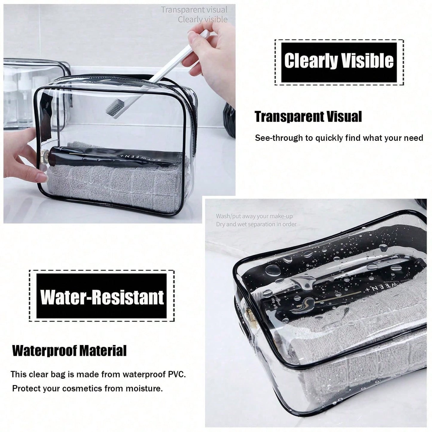 Toiletry Bag, 3 Transparent Toiletry Bags, Quart Size Travel Makeup Bag, Suitable For Men And Women, Portable Airport Airline Compliant Bag (Black)