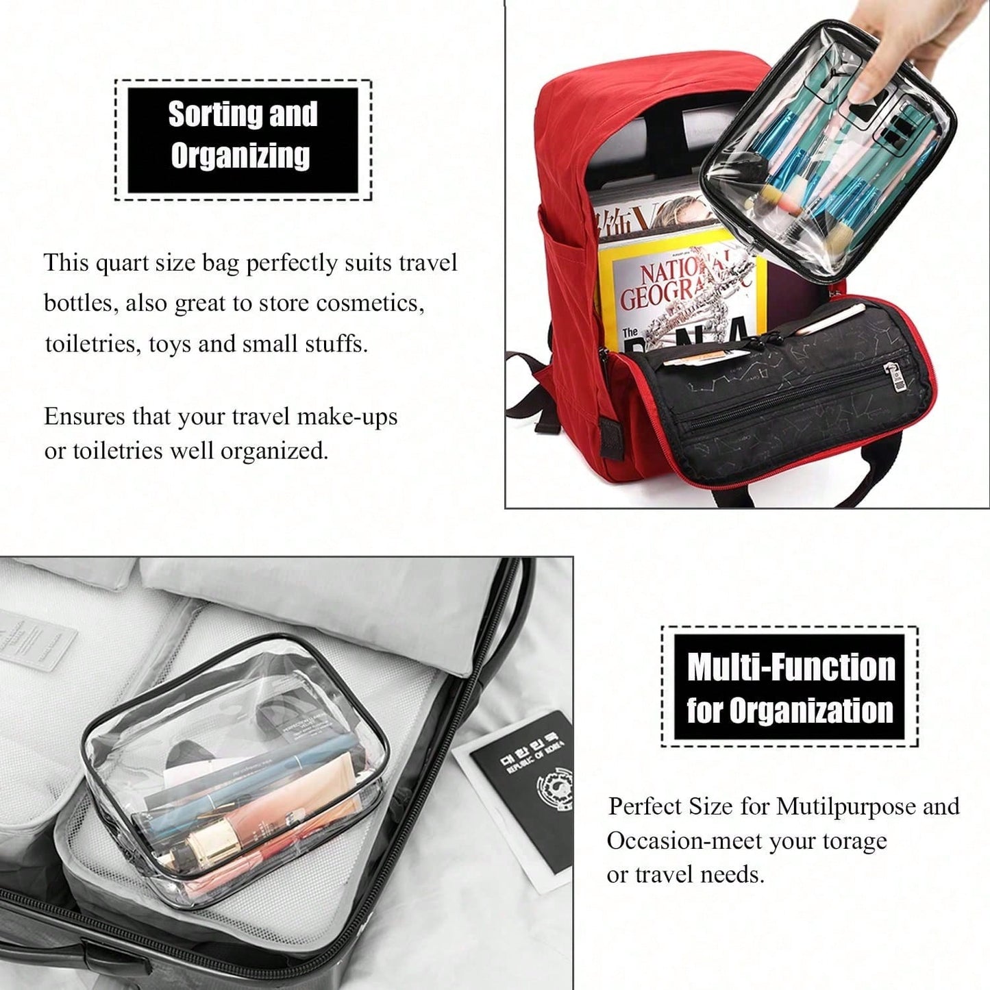 Toiletry Bag, 3 Transparent Toiletry Bags, Quart Size Travel Makeup Bag, Suitable For Men And Women, Portable Airport Airline Compliant Bag (Black)