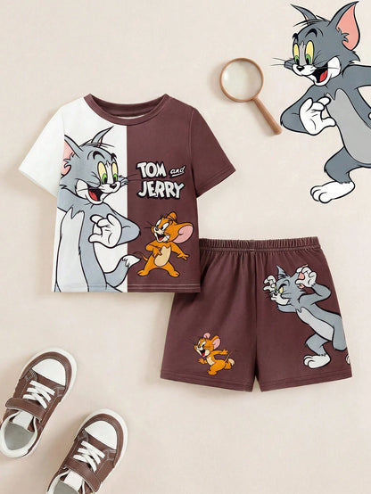 TOM & JERRY X 2pcs/Set Baby Boy Cute Casual Colorblock Cartoon Graphic Short Sleeve T-Shirt And Shorts, Spring/Summer
