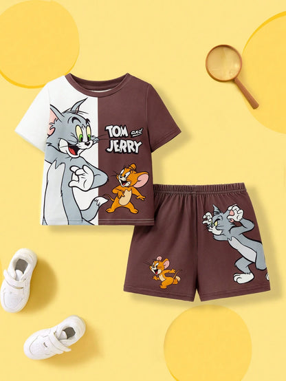 TOM & JERRY X 2pcs/Set Baby Boy Cute Casual Colorblock Cartoon Graphic Short Sleeve T-Shirt And Shorts, Spring/Summer