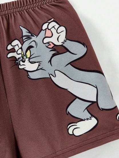 TOM & JERRY X 2pcs/Set Baby Boy Cute Casual Colorblock Cartoon Graphic Short Sleeve T-Shirt And Shorts, Spring/Summer