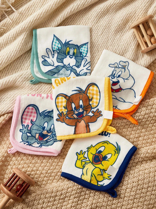 TOM & JERRY X 5pcs/Pack Cartoon Pattern Soft & Comfortable Bandana Bibs, Multi-Color & Multi-Purpose Burp Cloths