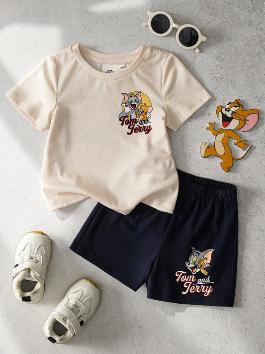 TOM & JERRY X Baby Boy Round Neck Letter Cartoon Print Short Sleeve T-Shirt And Shorts Casual Daily Outfit