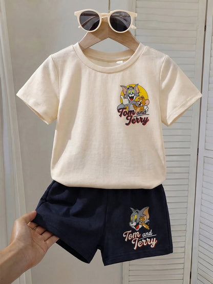 TOM & JERRY X Baby Boy Round Neck Letter Cartoon Print Short Sleeve T-Shirt And Shorts Casual Daily Outfit