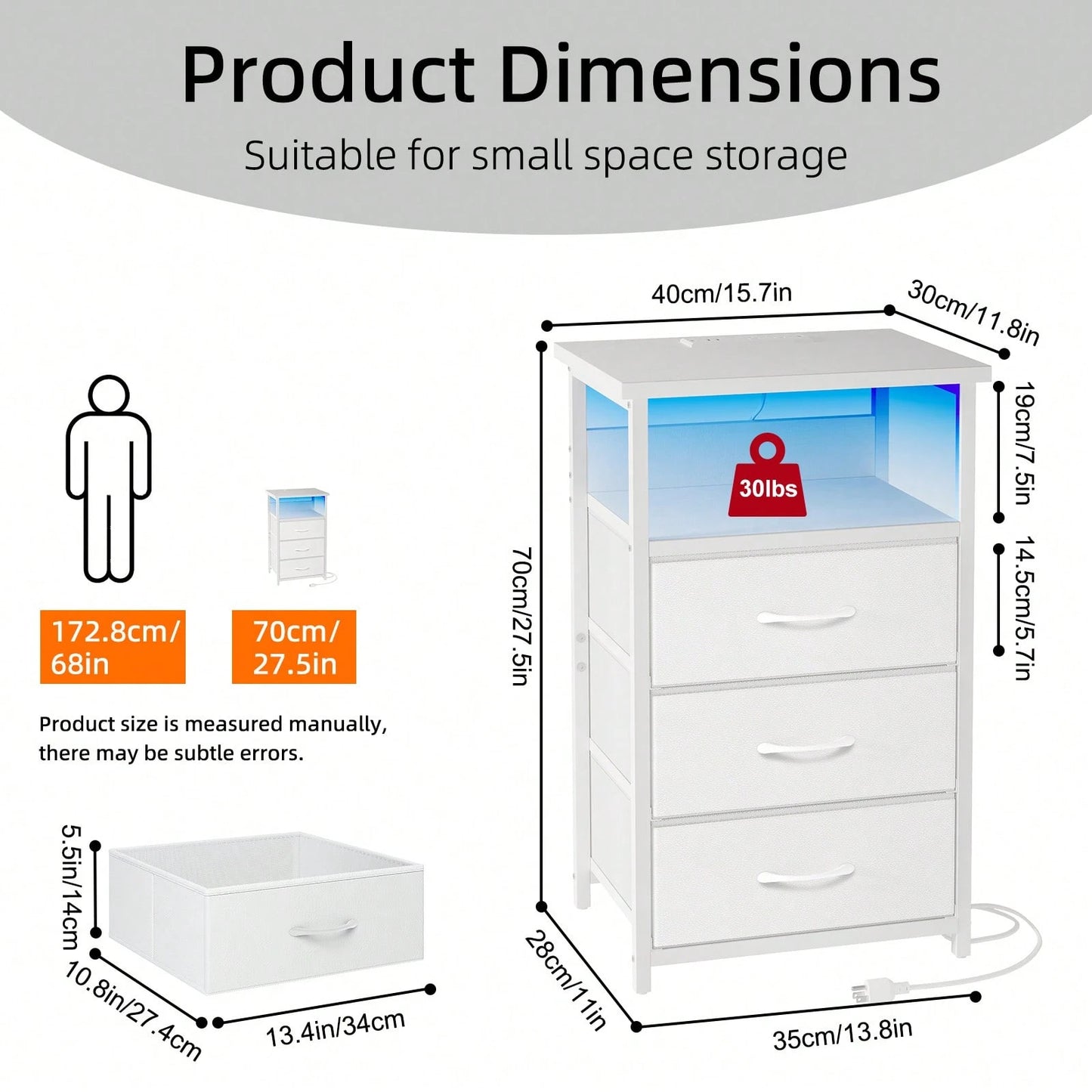 Tomnk Kids LED Dresser Nightstand With Charging Station, 3 Fabric Drawers USB Ports & Outlet, Aesthetic LED Nightstand For Kids Bedroom Decor With Cozy Glow, Modern Black/White