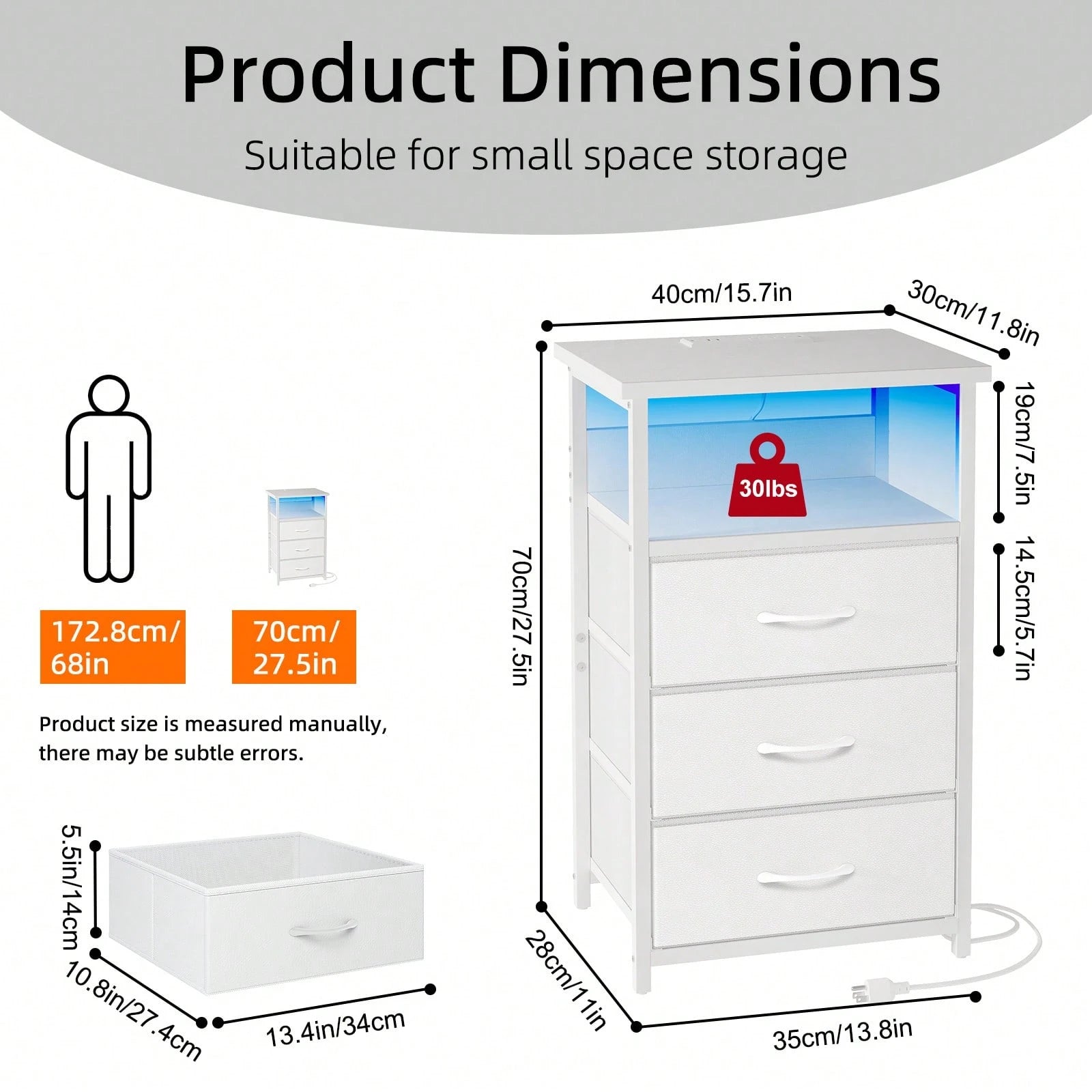 Tomnk Kids LED Dresser Nightstand With Charging Station, 3 Fabric Drawers USB Ports & Outlet, Aesthetic LED Nightstand For Kids Bedroom Decor With Cozy Glow, Modern Black/White