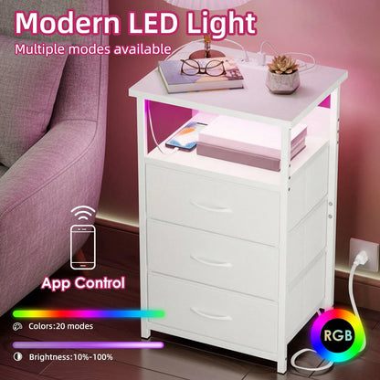 Tomnk Kids LED Dresser Nightstand With Charging Station, 3 Fabric Drawers USB Ports & Outlet, Aesthetic LED Nightstand For Kids Bedroom Decor With Cozy Glow, Modern Black/White