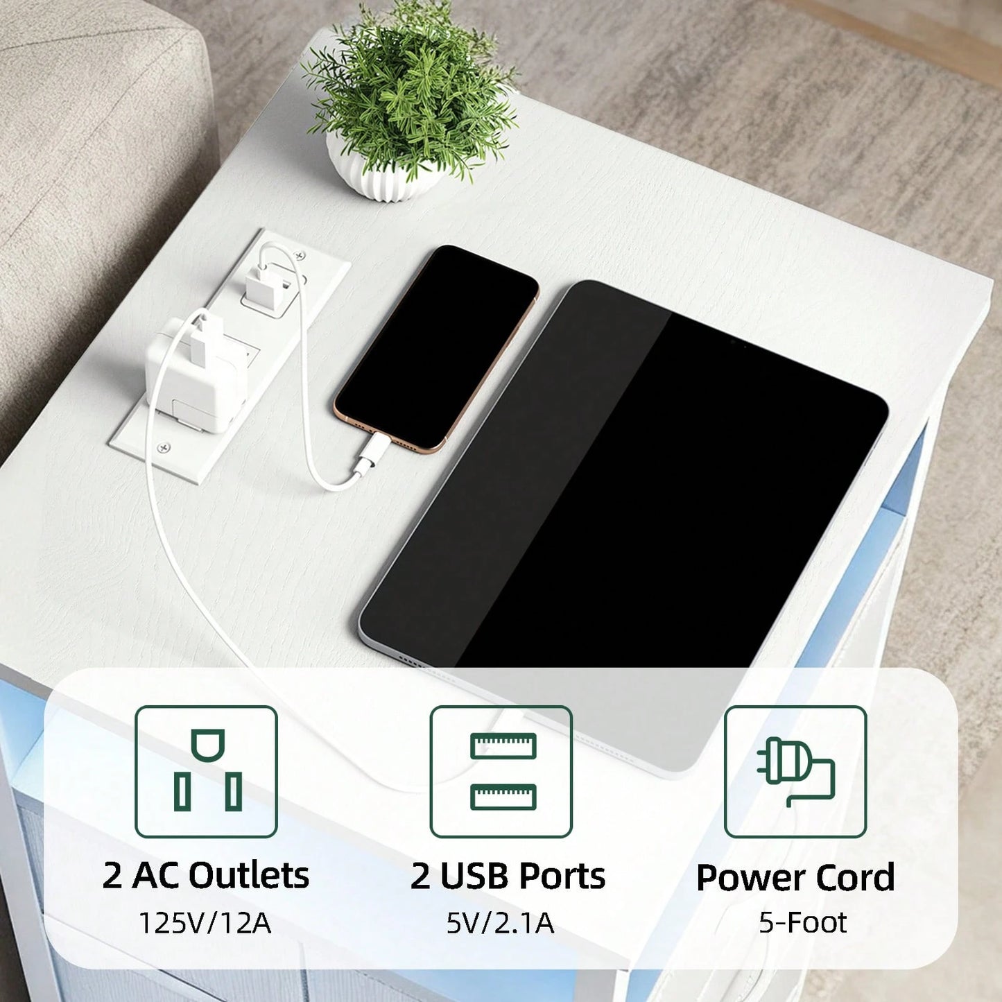 Tomnk Kids LED Dresser Nightstand With Charging Station, 3 Fabric Drawers USB Ports & Outlet, Aesthetic LED Nightstand For Kids Bedroom Decor With Cozy Glow, Modern Black/White
