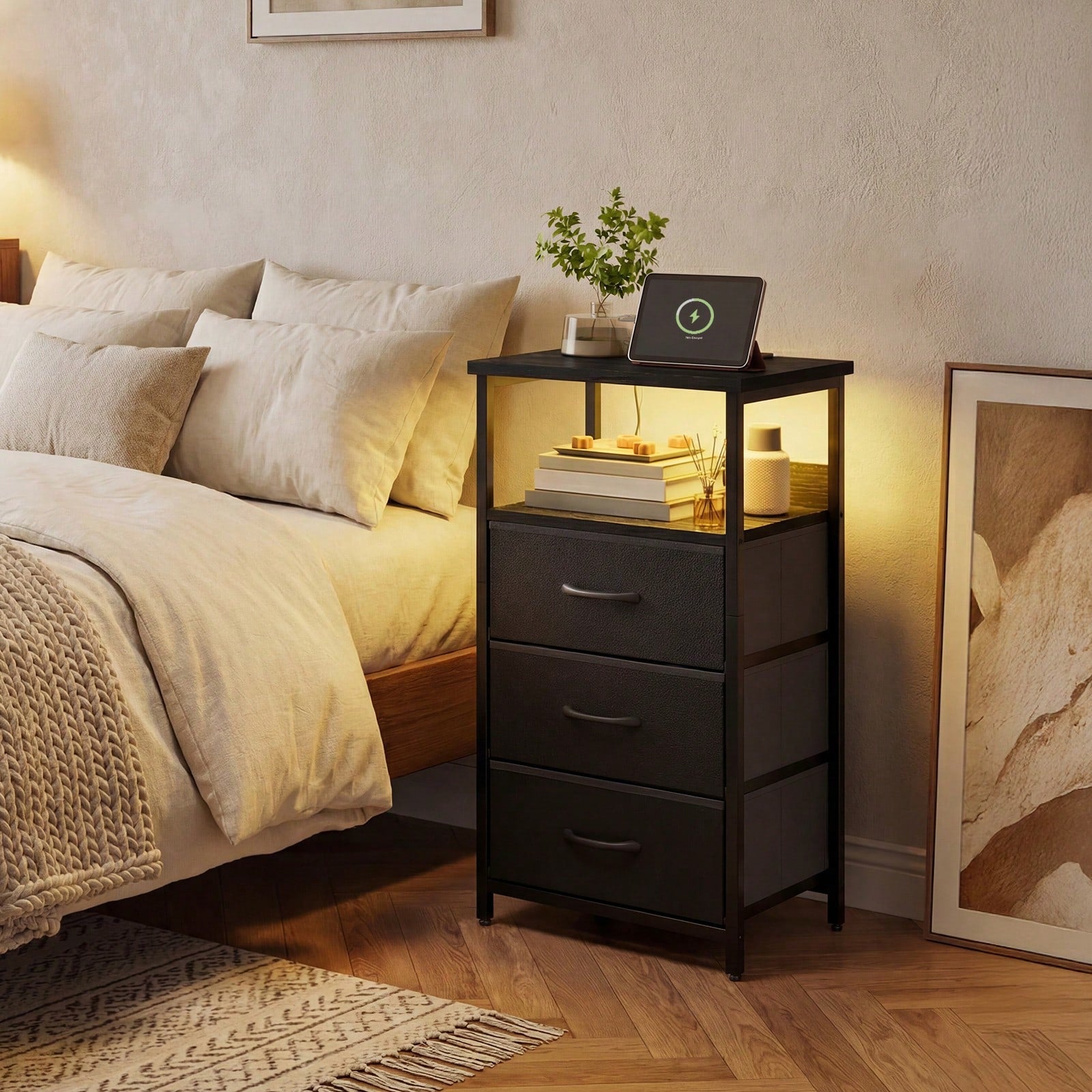 Tomnk Kids LED Dresser Nightstand With Charging Station, 3 Fabric Drawers USB Ports & Outlet, Aesthetic LED Nightstand For Kids Bedroom Decor With Cozy Glow, Modern Black/White
