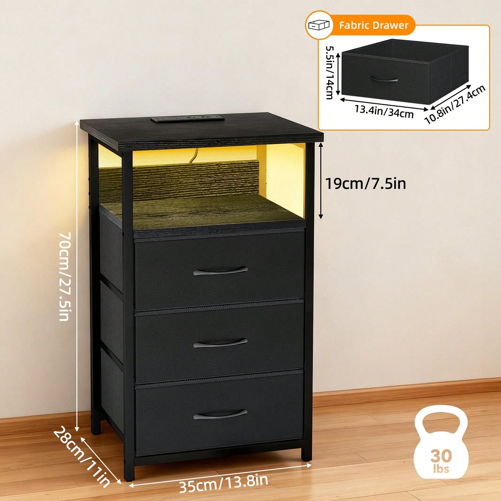 Tomnk Kids LED Dresser Nightstand With Charging Station, 3 Fabric Drawers USB Ports & Outlet, Aesthetic LED Nightstand For Kids Bedroom Decor With Cozy Glow, Modern Black/White