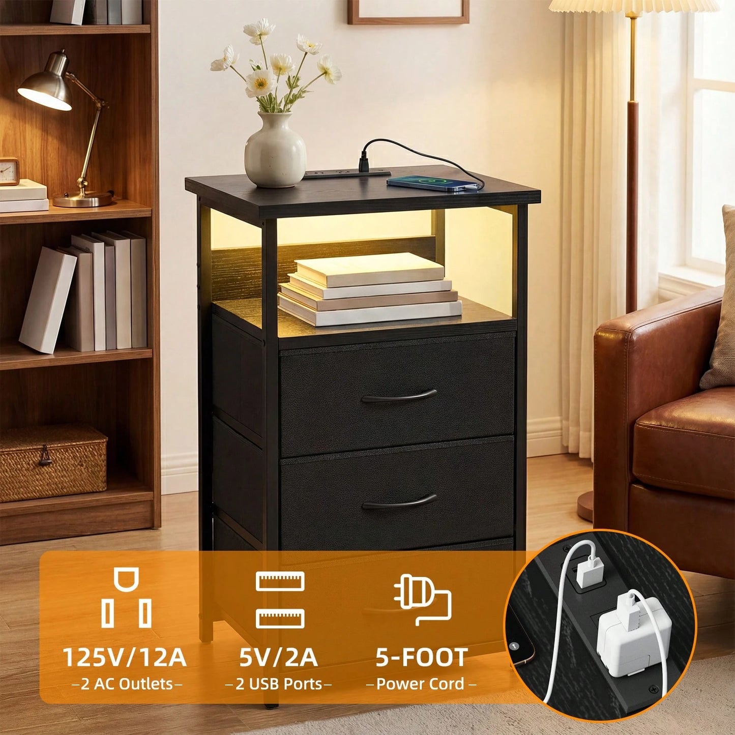 Tomnk Kids LED Dresser Nightstand With Charging Station, 3 Fabric Drawers USB Ports & Outlet, Aesthetic LED Nightstand For Kids Bedroom Decor With Cozy Glow, Modern Black/White