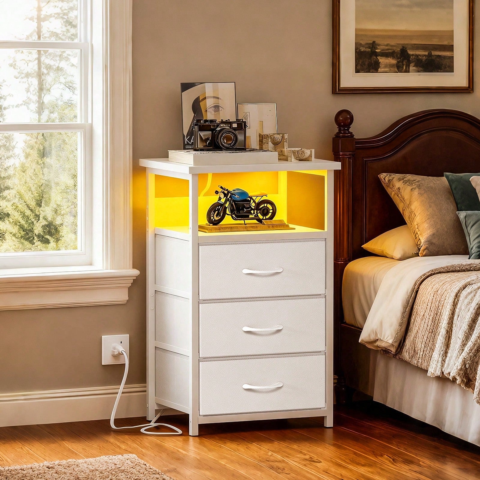 Tomnk Kids LED Dresser Nightstand With Charging Station, 3 Fabric Drawers USB Ports & Outlet, Aesthetic LED Nightstand For Kids Bedroom Decor With Cozy Glow, Modern Black/White