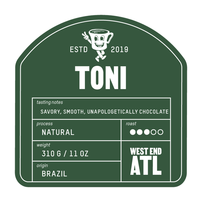 TONI coffee bag label with bold TONI typography on a dark green background and tasting notes panel