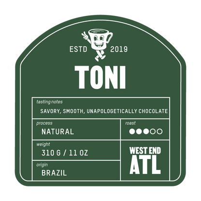 TONI coffee bag label with bold TONI typography on a dark green background and tasting notes panel