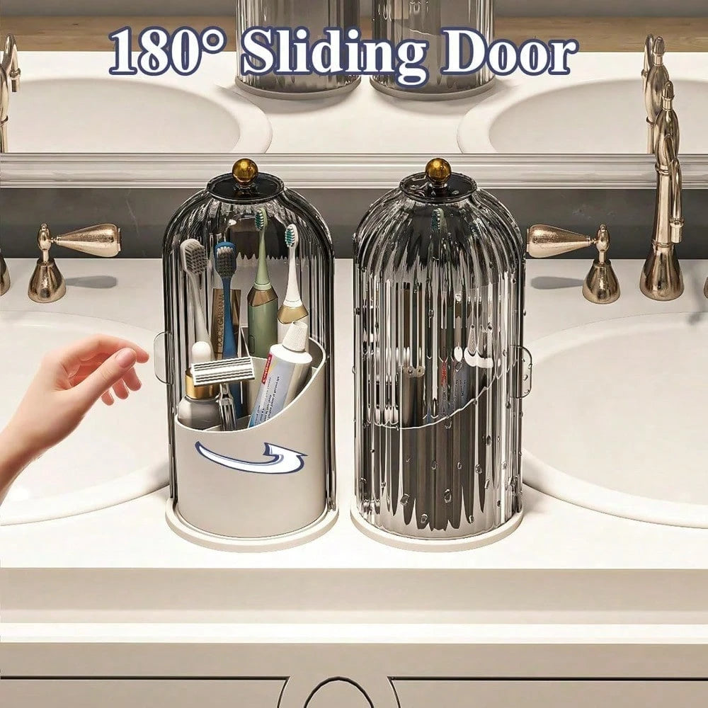 Toothbrush Holders With Sliding Lid, Rotating 3 Slots Bathroom Organizer Countertop, Tooth Brush Toothpaste Holder Bathroom Counter Stand Caddy For Vanity Makeup Brushes Holder