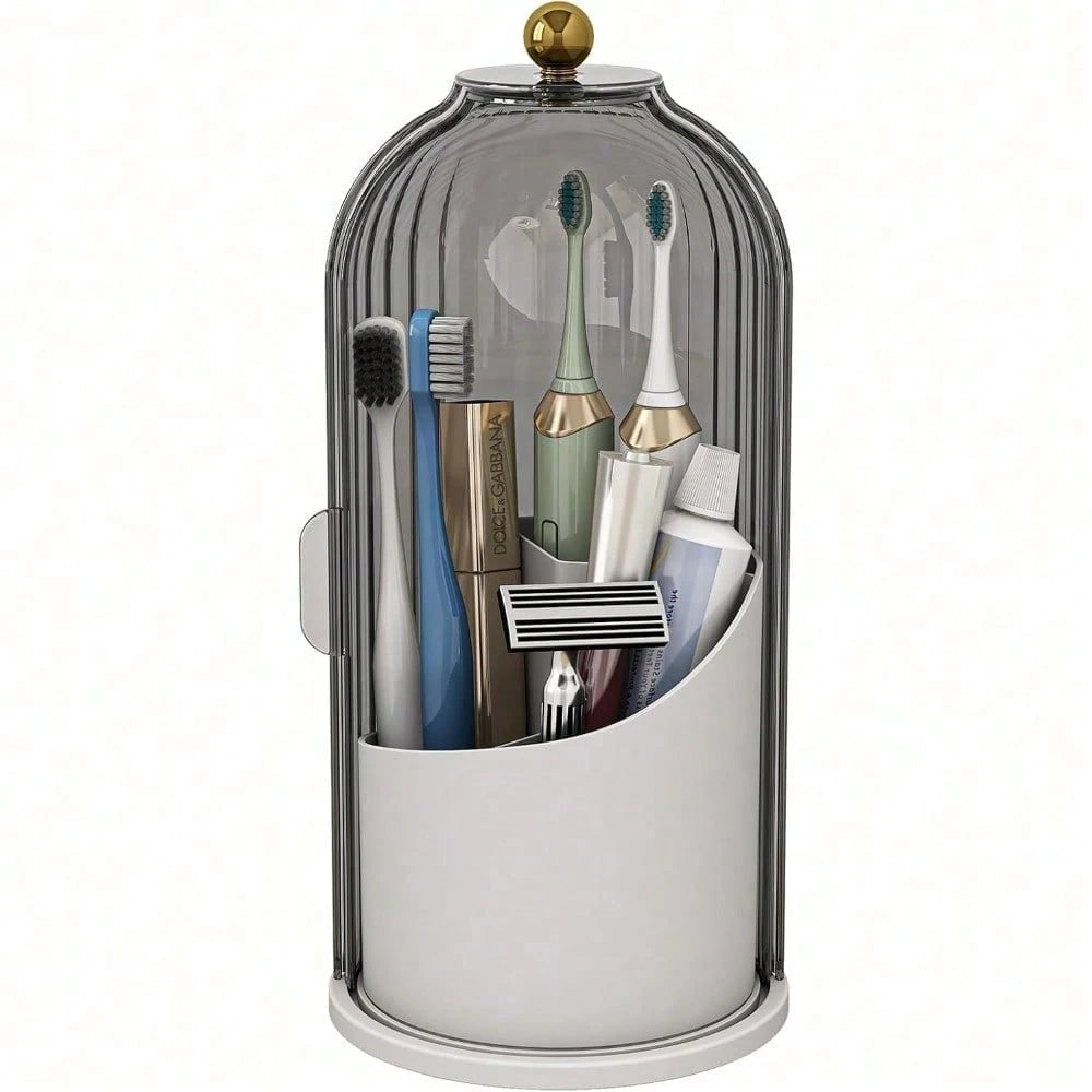 Toothbrush Holders With Sliding Lid, Rotating 3 Slots Bathroom Organizer Countertop, Tooth Brush Toothpaste Holder Bathroom Counter Stand Caddy For Vanity Makeup Brushes Holder