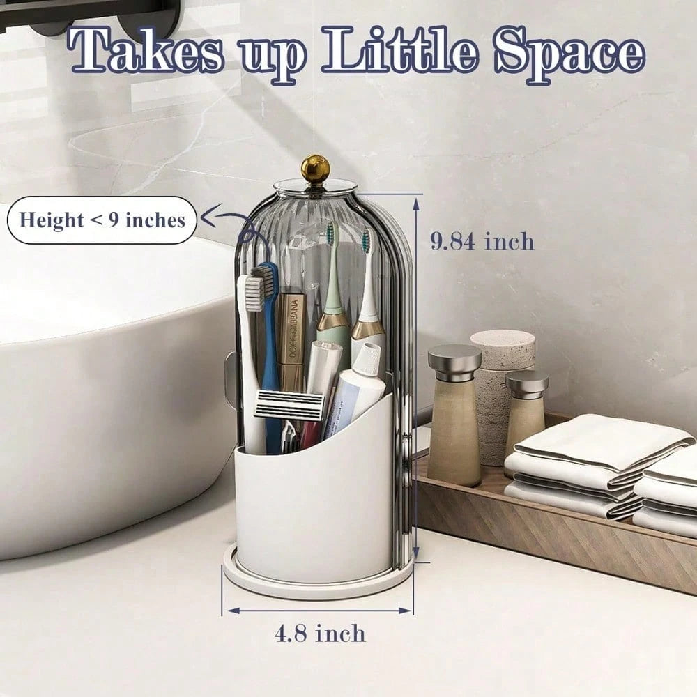 Toothbrush Holders With Sliding Lid, Rotating 3 Slots Bathroom Organizer Countertop, Tooth Brush Toothpaste Holder Bathroom Counter Stand Caddy For Vanity Makeup Brushes Holder