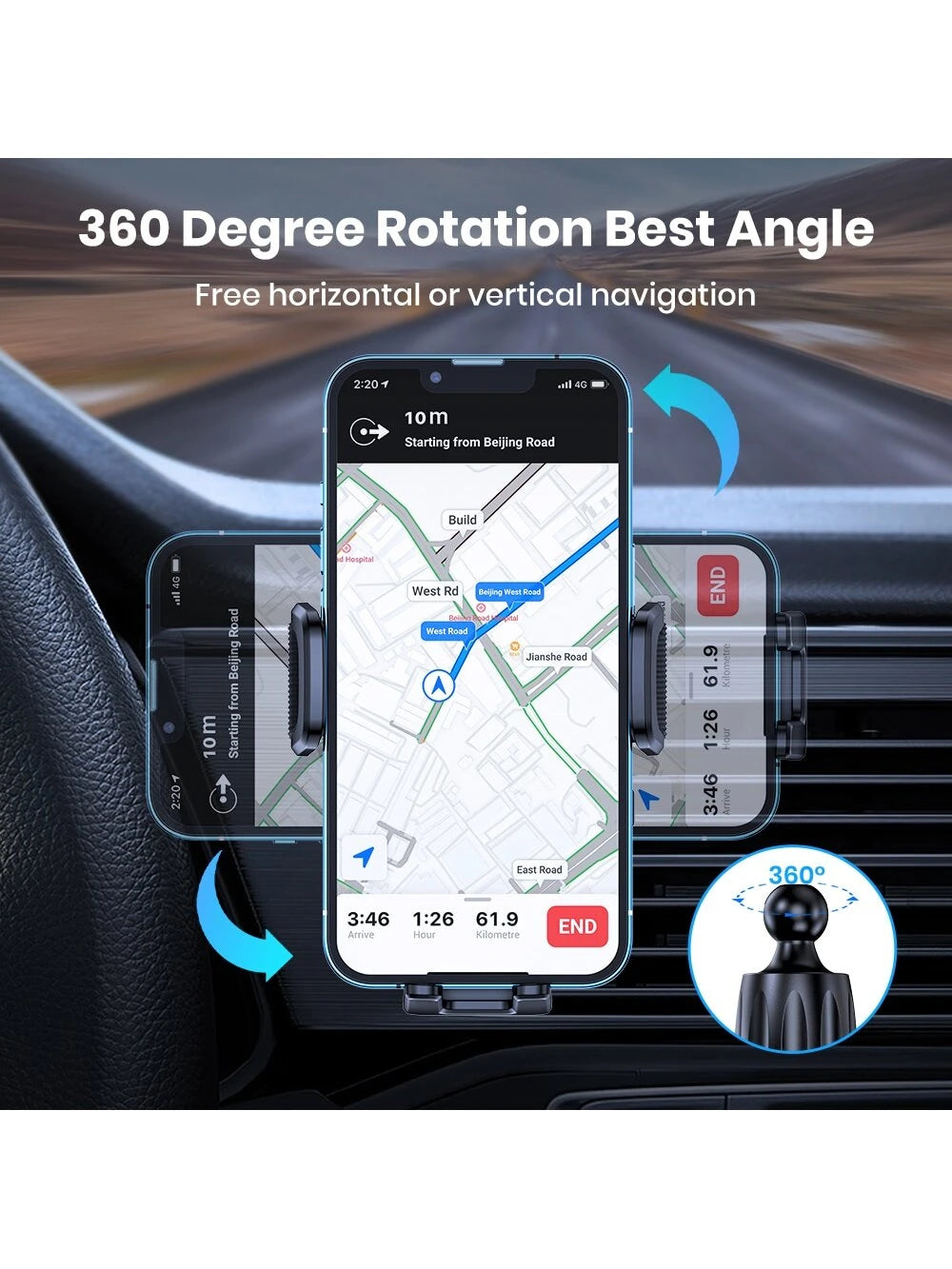 TOPK Car Phone Holder, 360 Degree Rotation Air Vent Phone Mount, Universal Car Ventphone Mount, Upgrade Spiral Hook For Navigation