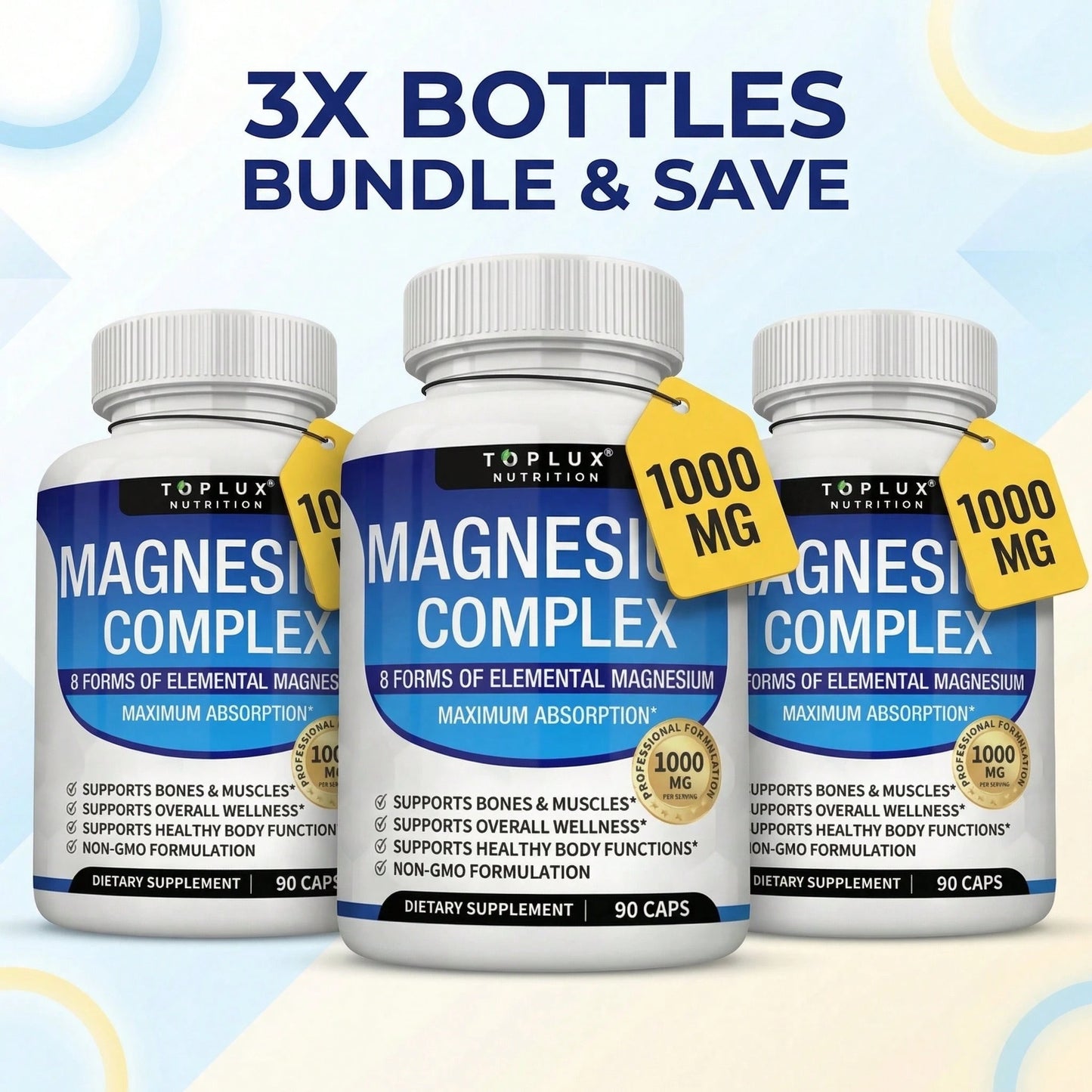 Toplux Magnesium Complex – 1-Pack (90 Caps)| 8-In-1 1000mg| For Bones, Muscle Recovery, Sleep & Stress| Non-GMO – Limited Time – Best Value – Save On 3-Pack!