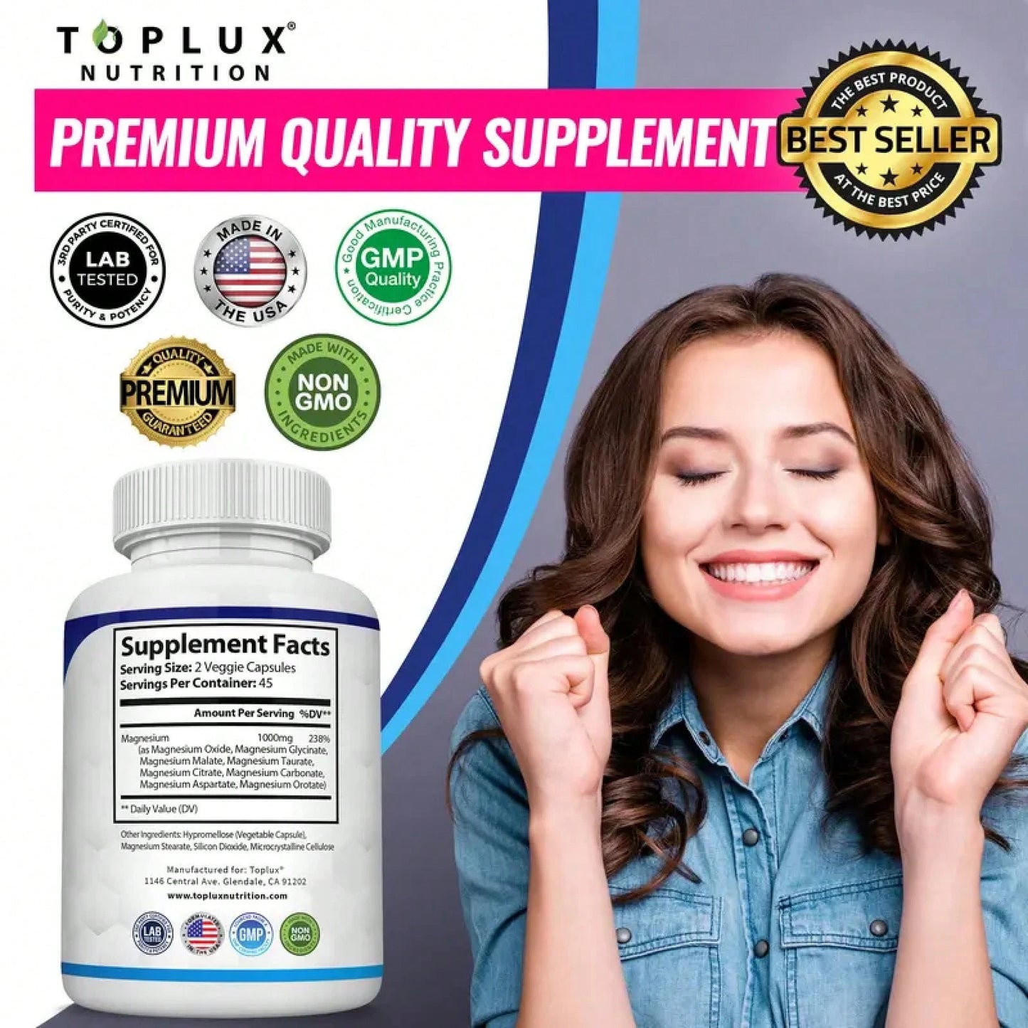 Toplux Magnesium Complex – 1-Pack (90 Caps)| 8-In-1 1000mg| For Bones, Muscle Recovery, Sleep & Stress| Non-GMO – Limited Time – Best Value – Save On 3-Pack!