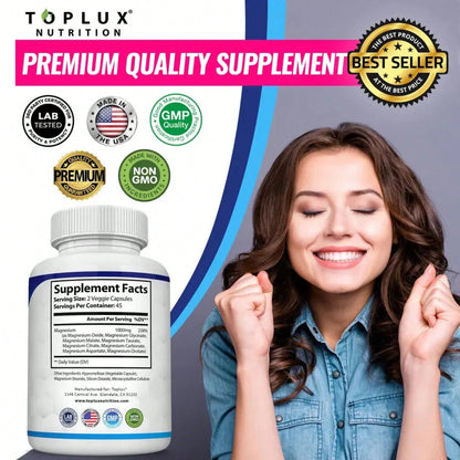 Toplux Magnesium Complex – 1-Pack (90 Caps)| 8-In-1 1000mg| For Bones, Muscle Recovery, Sleep & Stress| Non-GMO – Limited Time – Best Value – Save On 3-Pack!