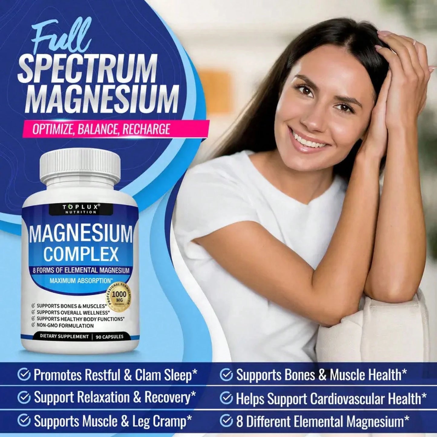 Toplux Magnesium Complex – 1-Pack (90 Caps)| 8-In-1 1000mg| For Bones, Muscle Recovery, Sleep & Stress| Non-GMO – Limited Time – Best Value – Save On 3-Pack!