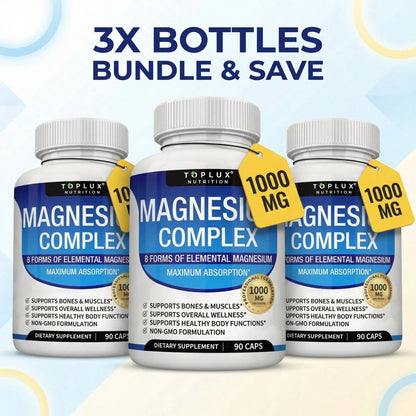 Toplux Magnesium Complex – 3-Pack (270 Caps)| 8-In-1 1000mg| For Bones, Muscle Recovery, Sleep & Stress| Non-GMO – Limited Time – Best Value – Save On 3-Pack!