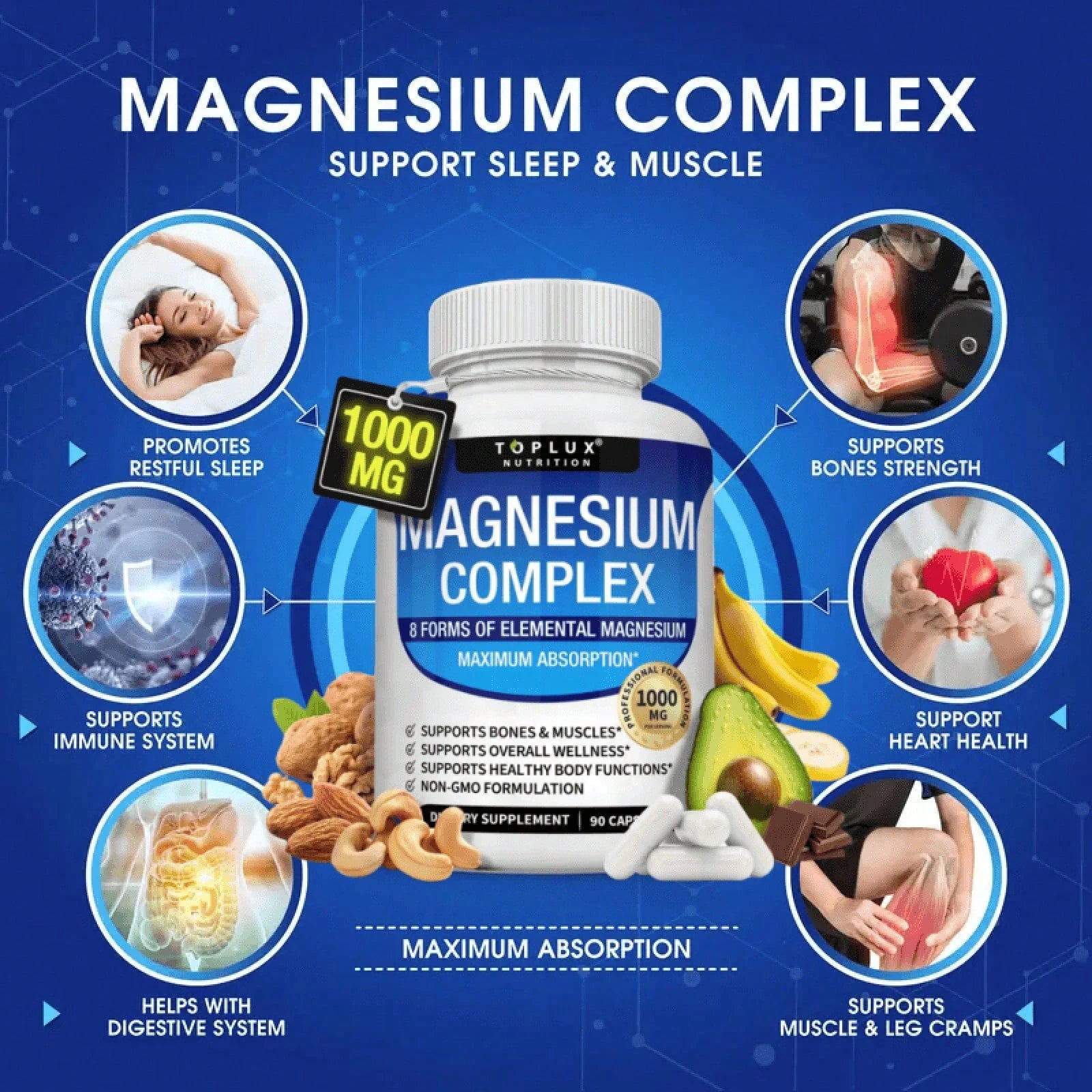 Toplux Magnesium Complex – 3-Pack (270 Caps)| 8-In-1 1000mg| For Bones, Muscle Recovery, Sleep & Stress| Non-GMO – Limited Time – Best Value – Save On 3-Pack!