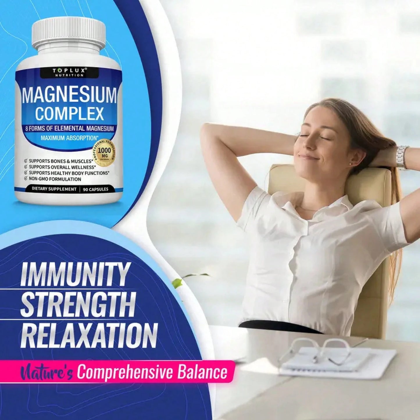 Toplux Magnesium Complex – 3-Pack (270 Caps)| 8-In-1 1000mg| For Bones, Muscle Recovery, Sleep & Stress| Non-GMO – Limited Time – Best Value – Save On 3-Pack!