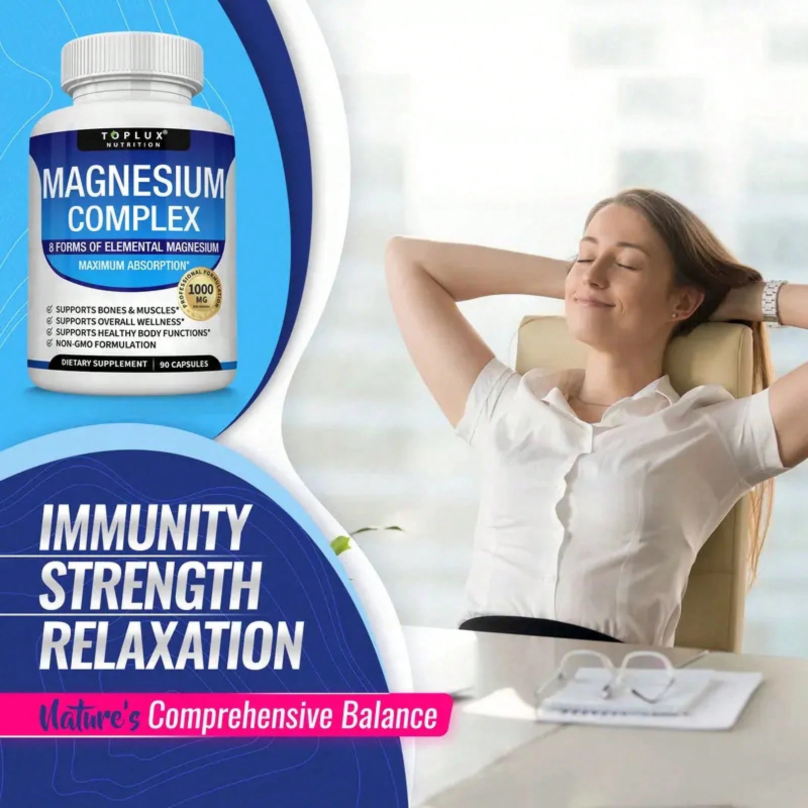 Toplux Magnesium Complex – 3-Pack (270 Caps)| 8-In-1 1000mg| For Bones, Muscle Recovery, Sleep & Stress| Non-GMO – Limited Time – Best Value – Save On 3-Pack!