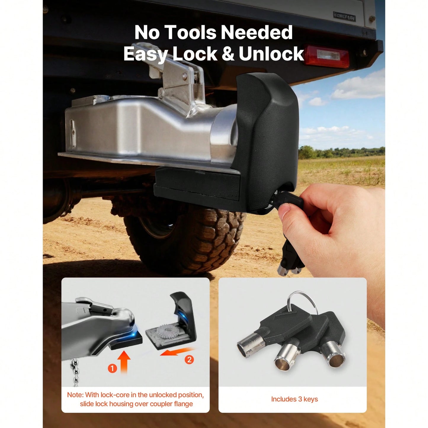 Trailer Hitch Lock, Fits For 1-7/8 In, 2 In, 2-5/16 In Couplers, Heavy-Duty Anti-Theft Trailer Ball Lock With 3 Keys, Prying-Resistant & Impact-Resistant, Fits For RVs, Boats, Trailers, Black