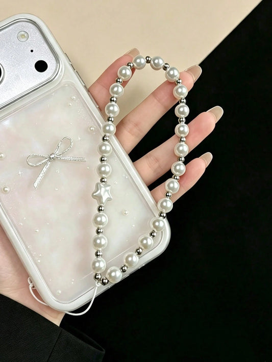 Translucent White Five-Pointed Star Soft Glow Pearl Thin Rope Phone Lanyard, Metal-Free Buckle Direct-Through Style Girl Star Pearl Short Wrist Chain, Minimalist Gentle Commute Anti-Loss Phone Wrist S