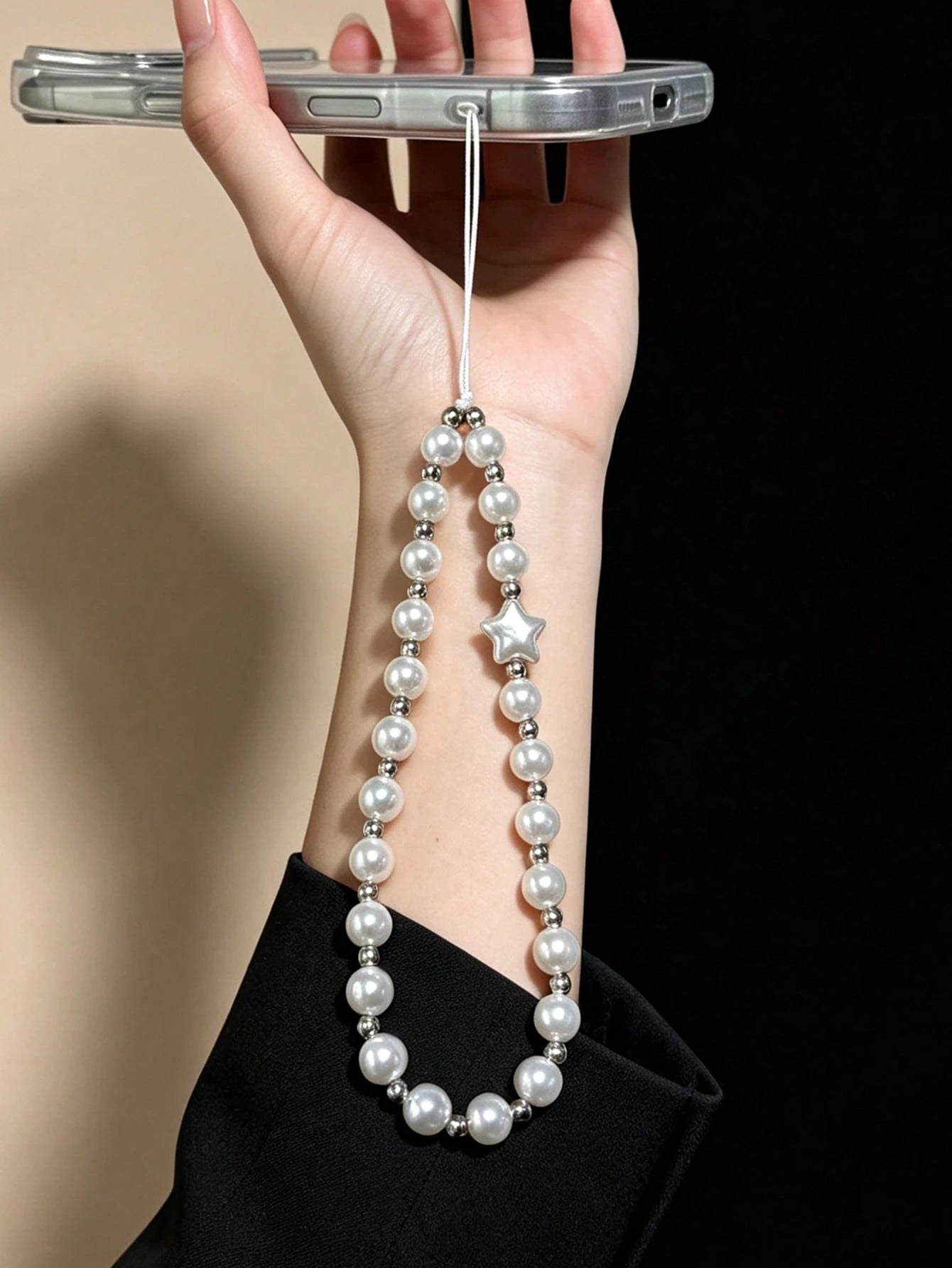 Translucent White Five-Pointed Star Soft Glow Pearl Thin Rope Phone Lanyard, Metal-Free Buckle Direct-Through Style Girl Star Pearl Short Wrist Chain, Minimalist Gentle Commute Anti-Loss Phone Wrist S