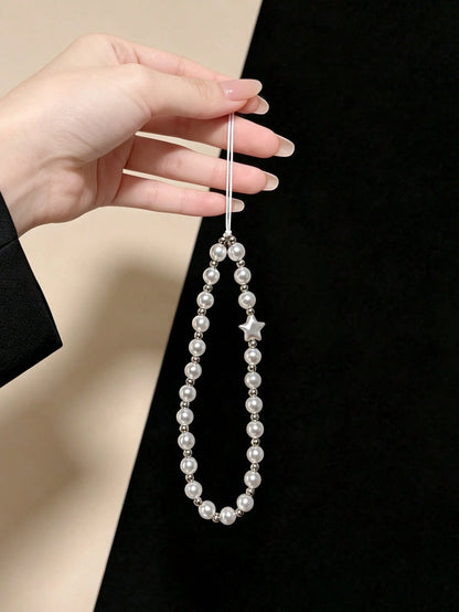 Translucent White Five-Pointed Star Soft Glow Pearl Thin Rope Phone Lanyard, Metal-Free Buckle Direct-Through Style Girl Star Pearl Short Wrist Chain, Minimalist Gentle Commute Anti-Loss Phone Wrist S