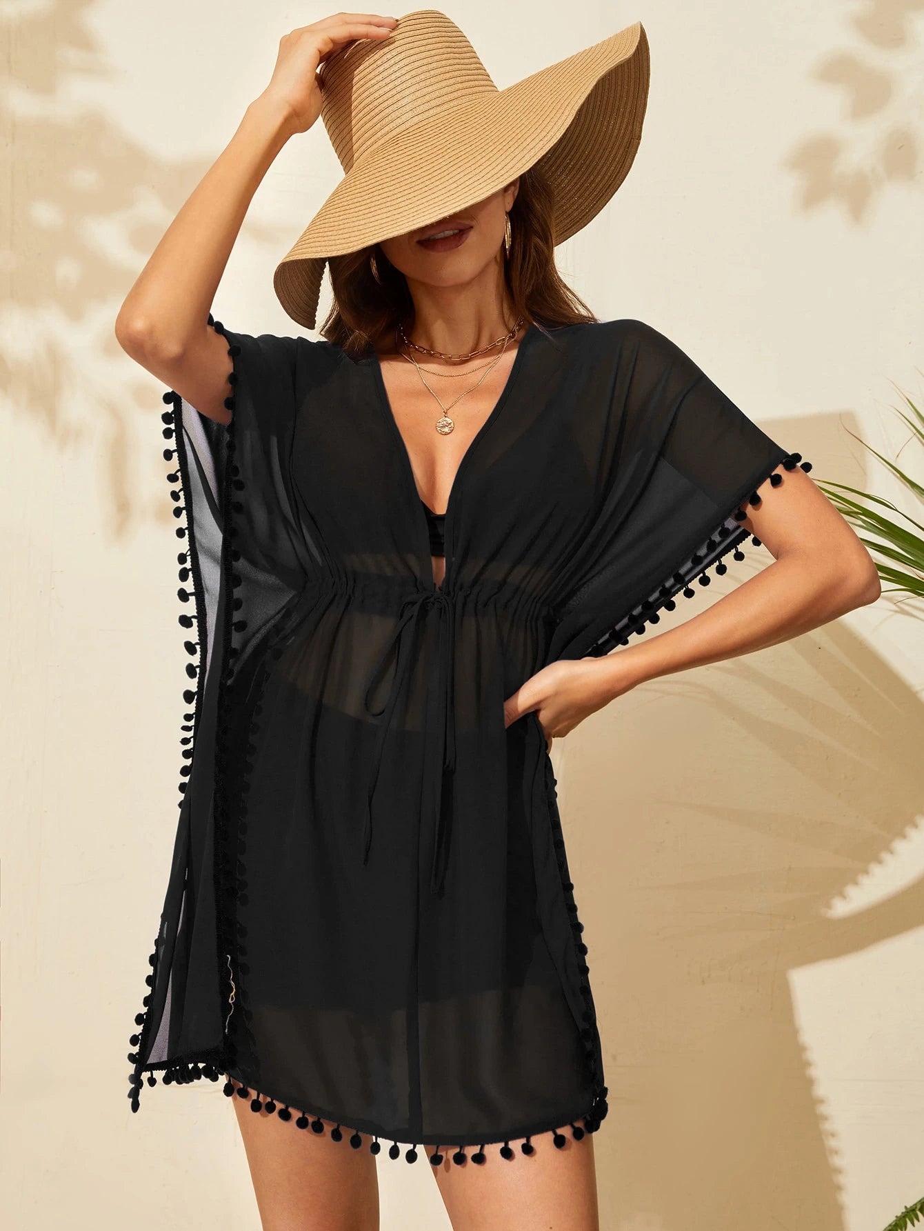 Travachic Plunging Neck Drawstring Waist Batwing Sleeve Pompom Trim Cover Up Summer
