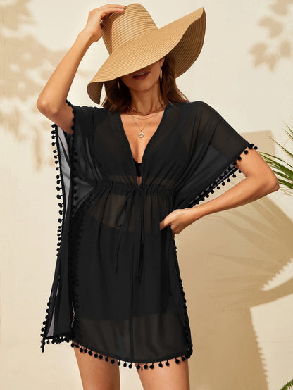 Travachic Plunging Neck Drawstring Waist Batwing Sleeve Pompom Trim Cover Up Summer