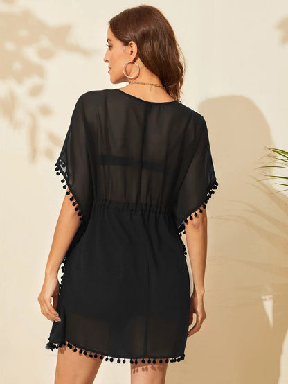 Travachic Plunging Neck Drawstring Waist Batwing Sleeve Pompom Trim Cover Up Summer