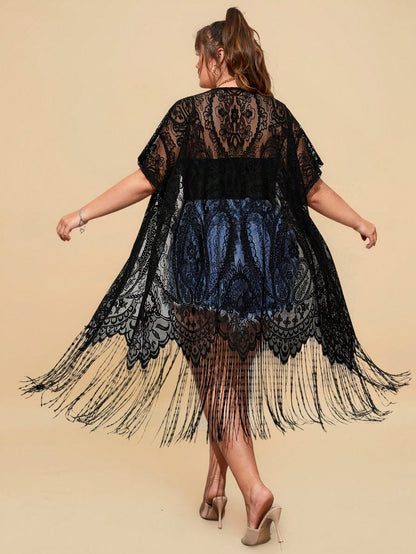 Travachic Plus Size Fringe Trim Dolman Sleeve Lace Kimono Without Camisole Summer