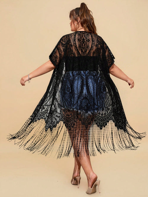 Travachic Plus Size Fringe Trim Dolman Sleeve Lace Kimono Without Camisole Summer