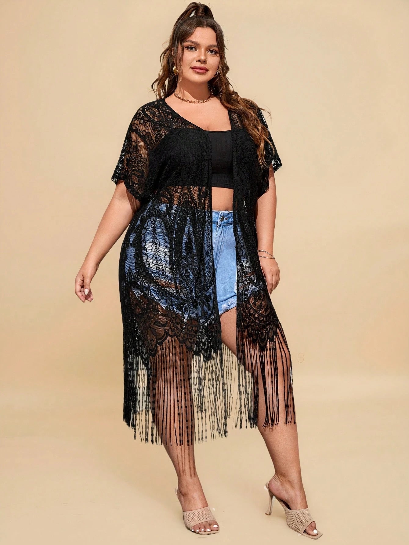 Travachic Plus Size Fringe Trim Dolman Sleeve Lace Kimono Without Camisole Summer