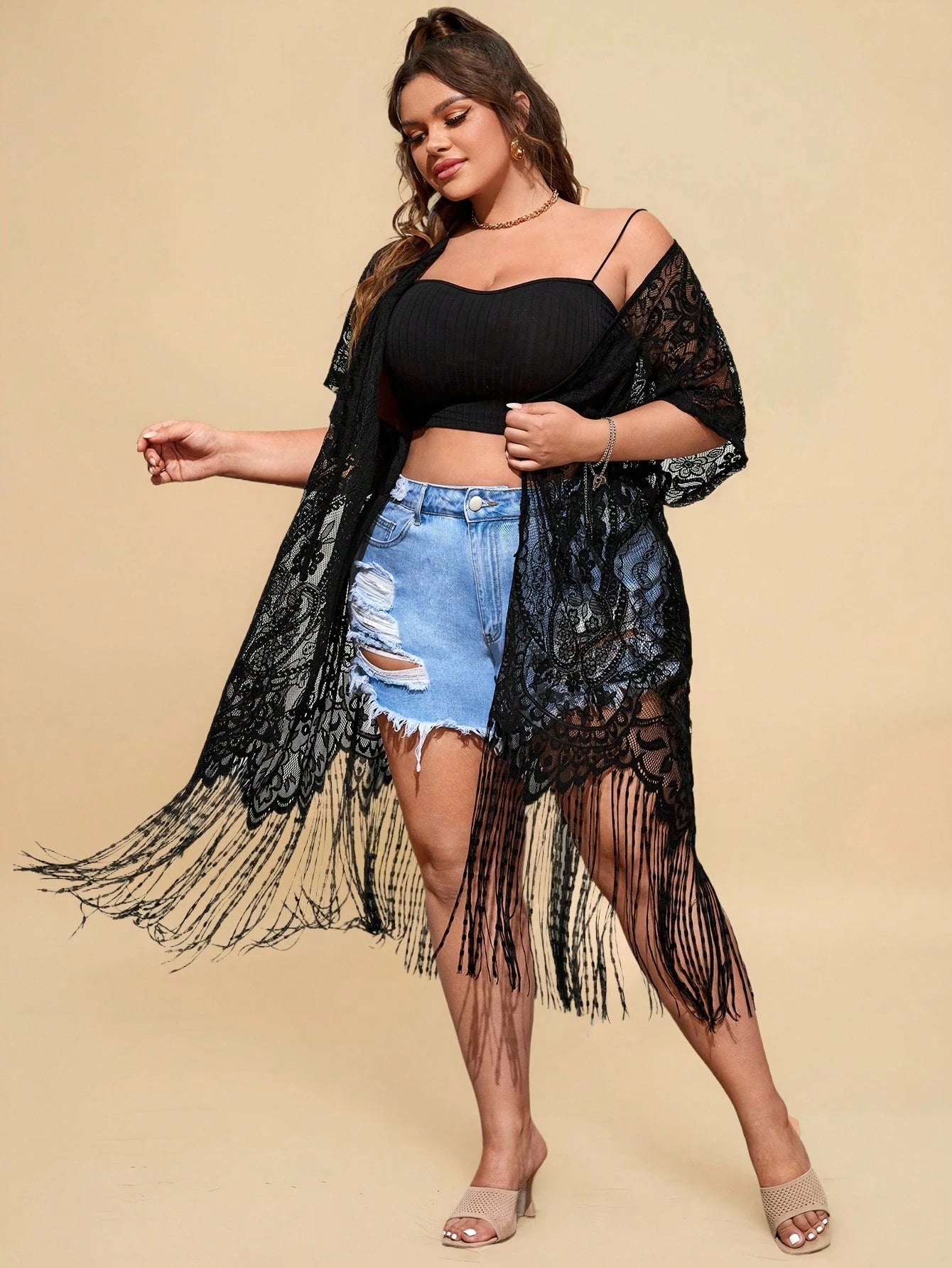 Travachic Plus Size Fringe Trim Dolman Sleeve Lace Kimono Without Camisole Summer