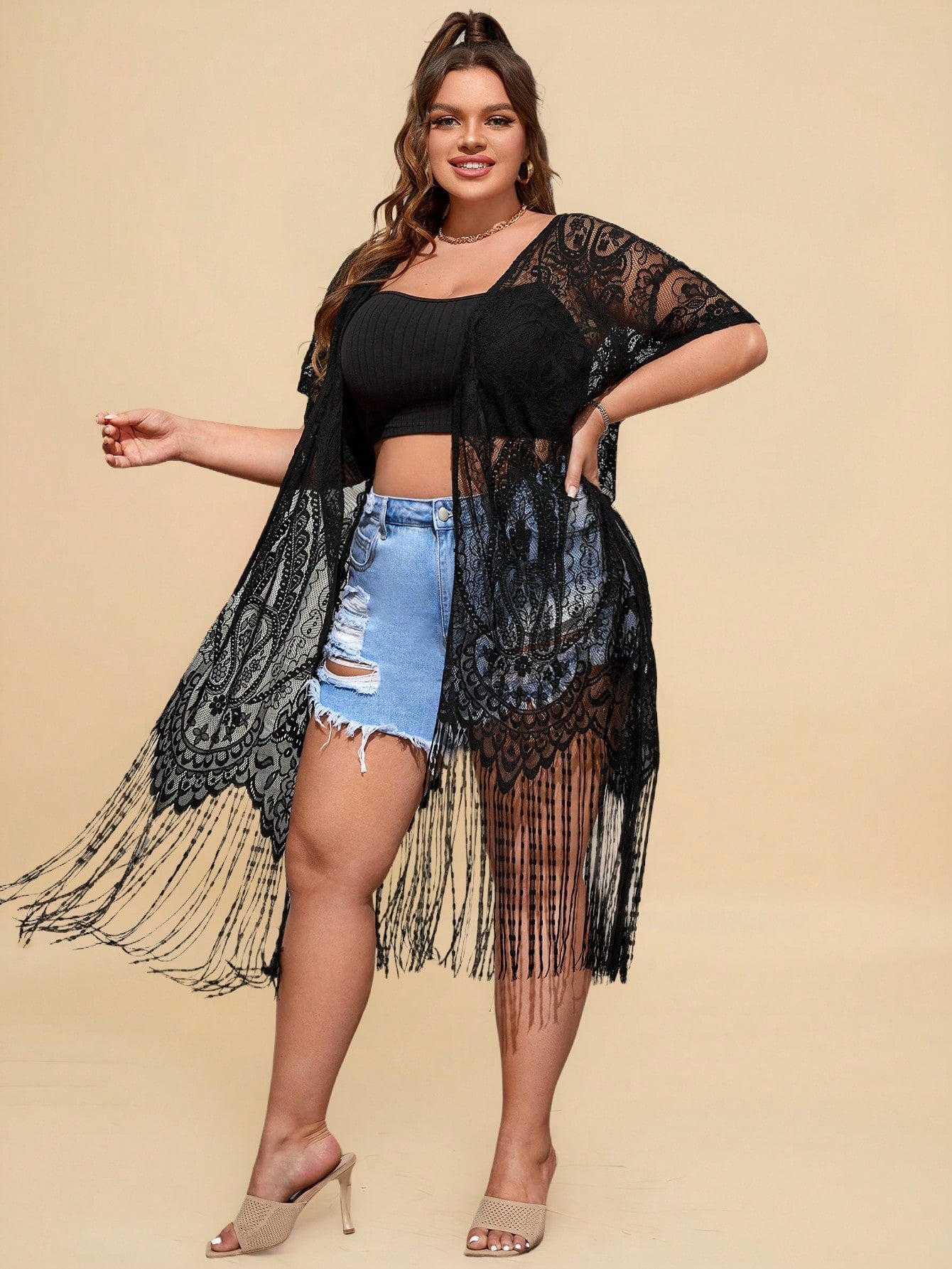 Travachic Plus Size Fringe Trim Dolman Sleeve Lace Kimono Without Camisole Summer