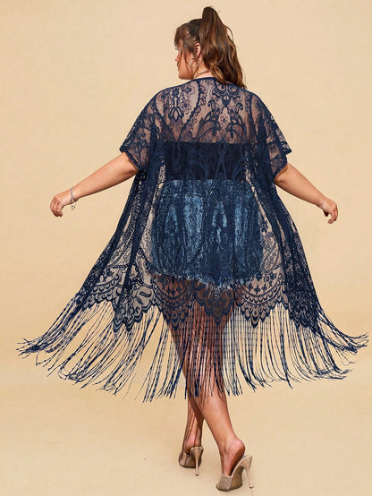 Travachic Plus Size Fringe Trim Dolman Sleeve Lace Kimono Without Camisole Summer