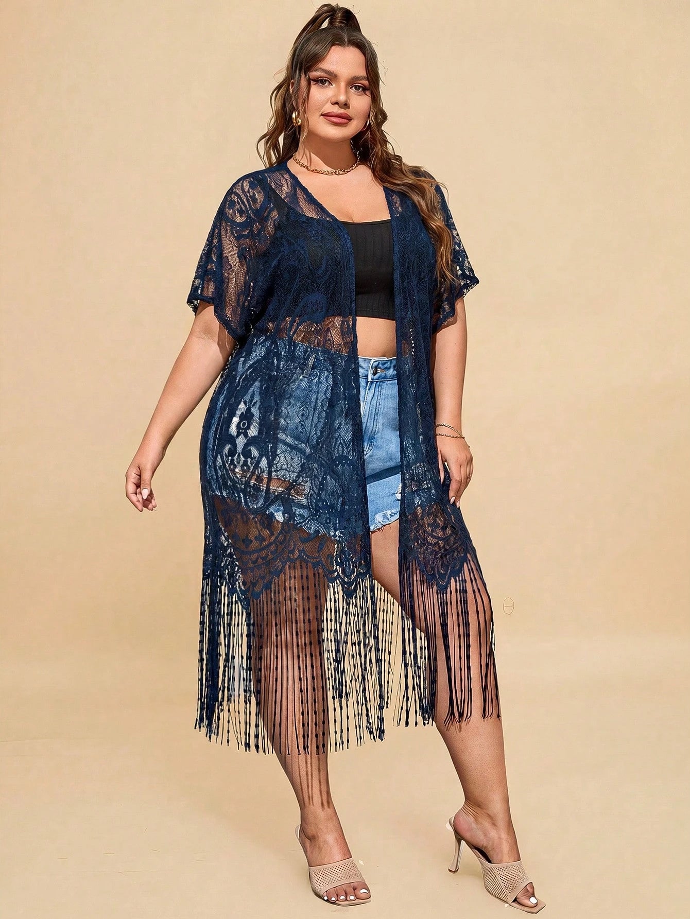 Travachic Plus Size Fringe Trim Dolman Sleeve Lace Kimono Without Camisole Summer